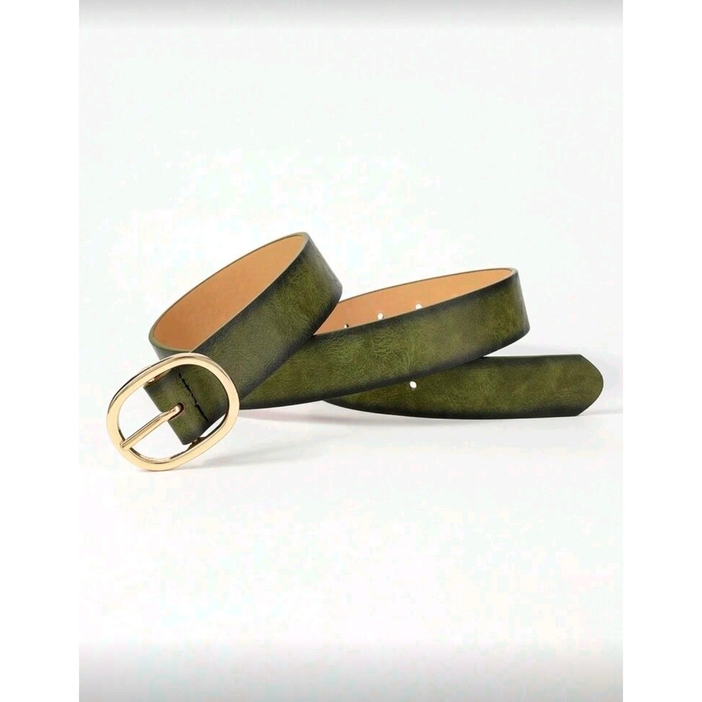 Women Olive Green Faux Leather Belt Gold Oval Buckle Casual Dress Jeans 44 inch - Picture 3 of 4